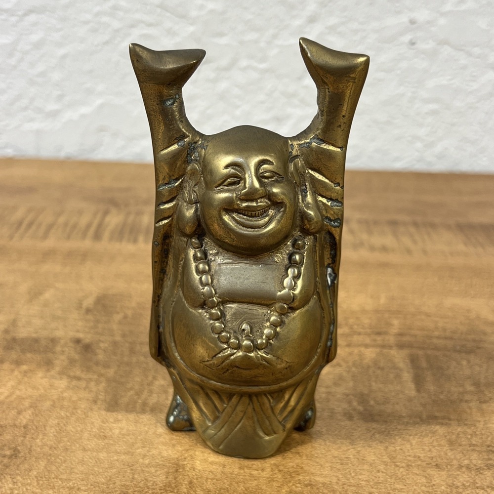 Vintage Solid Brass Standing Happy Buddha Figure Paperweight 5" Tall India